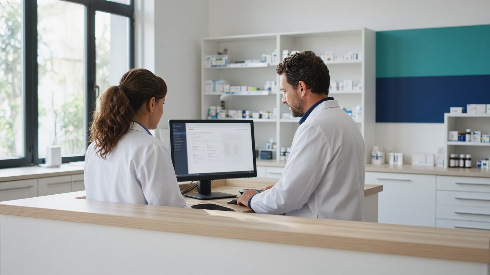Pharmacy staff reviewing a training module together at the counter
